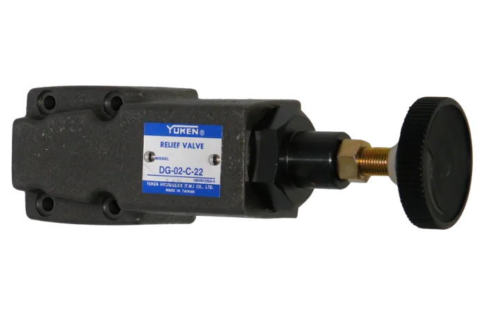 Válvulas de seguridad o alivio de tipo directo de la serie DT/DG-01 y DT/DG-02 de Yuken, diseñadas para controlar la presión de caudales relativamente pequeños.