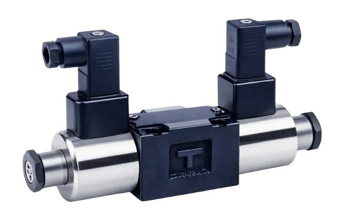 Válvula direccional solenoide Yuken DSG-005, compacta, con presión máxima de 25 MPa y flujo máximo de 15 L/min, diseñada para ahorrar espacio.