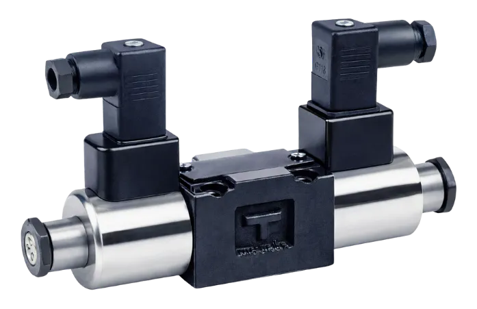 Válvula direccional solenoide Yuken DSG-005, compacta, con presión máxima de 25 MPa y flujo máximo de 15 L/min, diseñada para ahorrar espacio.