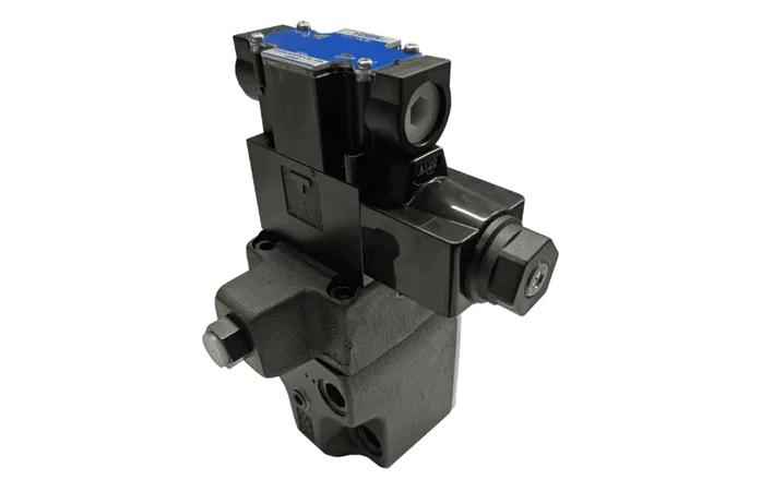 Válvulas de seguridad operadas por piloto de la serie BST-03, BST-06, BST-10, BSG-03, BSG-06 y BSG-10 de Yuken, que combinan una válvula de seguridad con una válvula direccional a solenoide para controlar el caudal de manera remota y seleccionar diferentes presiones en circuitos hidráulicos.